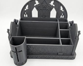 Gothic Makeup Organizer - Bird Detail and Tall Brush Holder