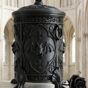 Gothic bat storage canister with lid and bat topper, dark gothic home decor organizer featuring ornate gothic details, decorative jar for bathroom, kitchen, or office storage.