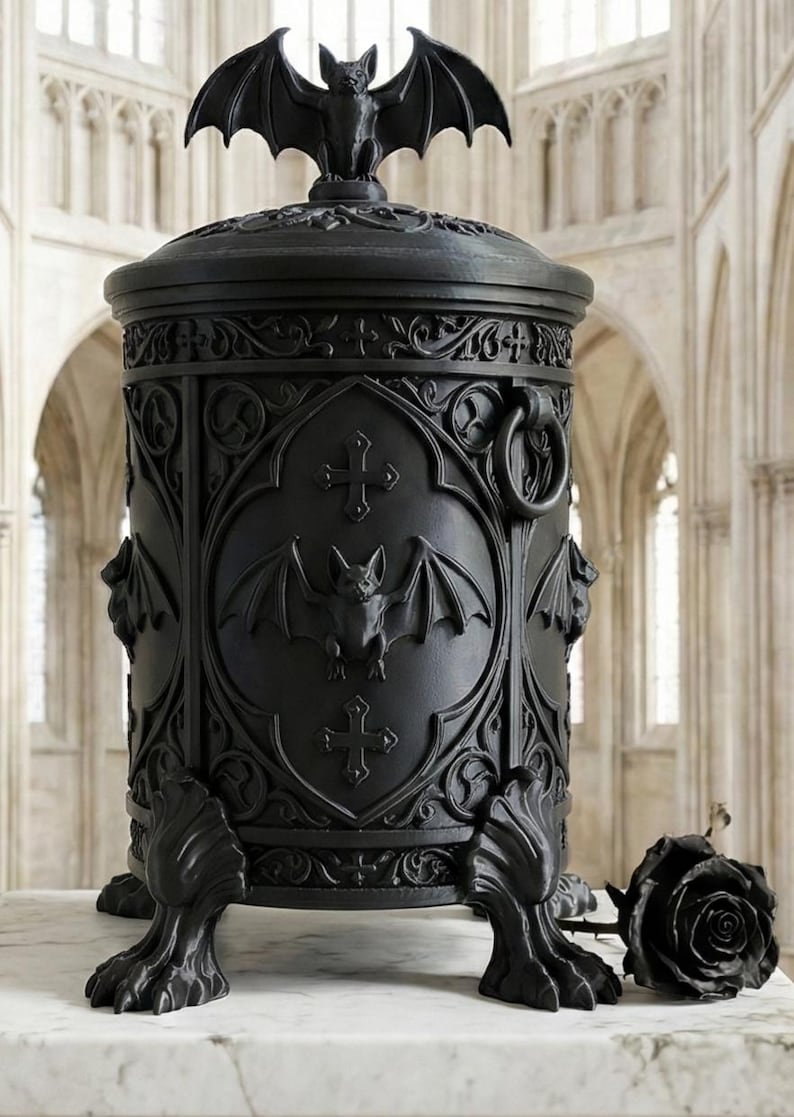 Gothic bat storage canister with lid and bat topper, dark gothic home decor organizer featuring ornate gothic details, decorative jar for bathroom, kitchen, or office storage.