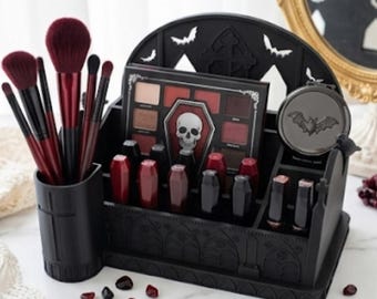 Gothic Makeup Organizer, Bat Bird Cross Vanity Storage, Brush Holder, Dark Decor Gift