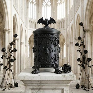 Gothic black decorative canister with bat topper displayed on a marble pedestal inside a cathedral-style interior, featuring ornate medieval details, clawed feet, carved cross and bat motifs, and dramatic gothic home decor styling.