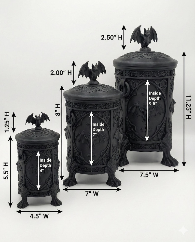 Size comparison chart showing three gothic bat canisters in small, medium, and large sizes, with labeled height, width, topper height, and interior storage depth measurements for each decorative dark storage container.