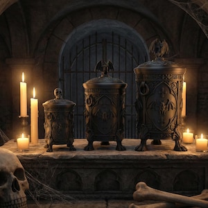 Three gothic storage canisters in small, medium, and large sizes displayed on a stone altar with candles, skulls, and bones, creating a dark medieval scene that highlights the ornate bat-themed containers and dramatic gothic decor style.