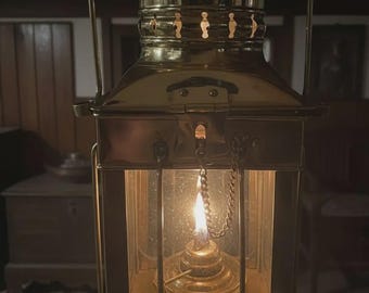 Vintage Brass Cargo Lantern, Hurricane Chimney, Nautical Hanging Oil Lamp, 1939