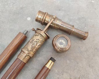 Personalized Brass Walking Cane with Telescope & Compass - Steampunk Victorian Gift for Men - Handcrafted Nautical