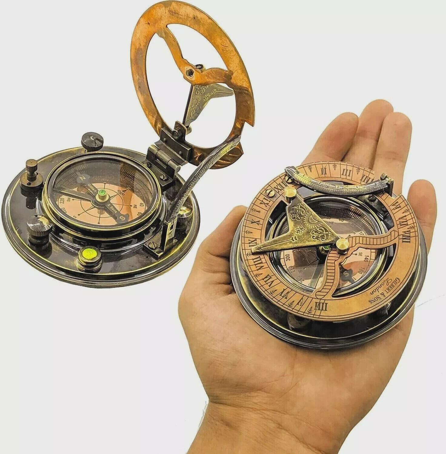 Boussole Pendule Ancienne - Réplique Laiton & Cuir, Style Vintage Gilbert & Sons