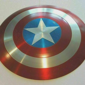 May include: A round shield with a red, silver, and blue color scheme. The shield features a large silver star in the center, surrounded by a blue circle. The outer ring is red, with silver bands separating the colors. The shield is a replica.