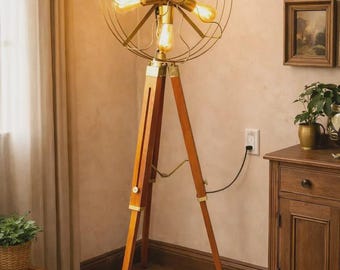 Lampadaire trépied industriel, style vintage en acier à 5 ampoules sur trépied en bois, éclairage de décoration intérieure moderne pour salon chambre