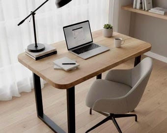 Escritorio de roble macizo – Mesa de escritura minimalista escandinava, patas de metal negro