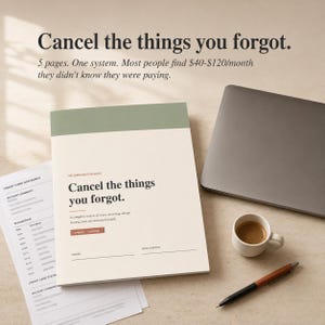 May include: A notebook with the text "Cancel the things you forgot" sits next to a laptop, coffee cup, pen, and credit card statements. The notebook has a green top and the text "5 pages. One system."