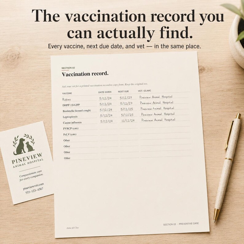 May include: A vaccination record sheet with a pen and business card on a wooden surface. The sheet lists vaccine names, dates given, and due dates. The business card has a logo and contact information.