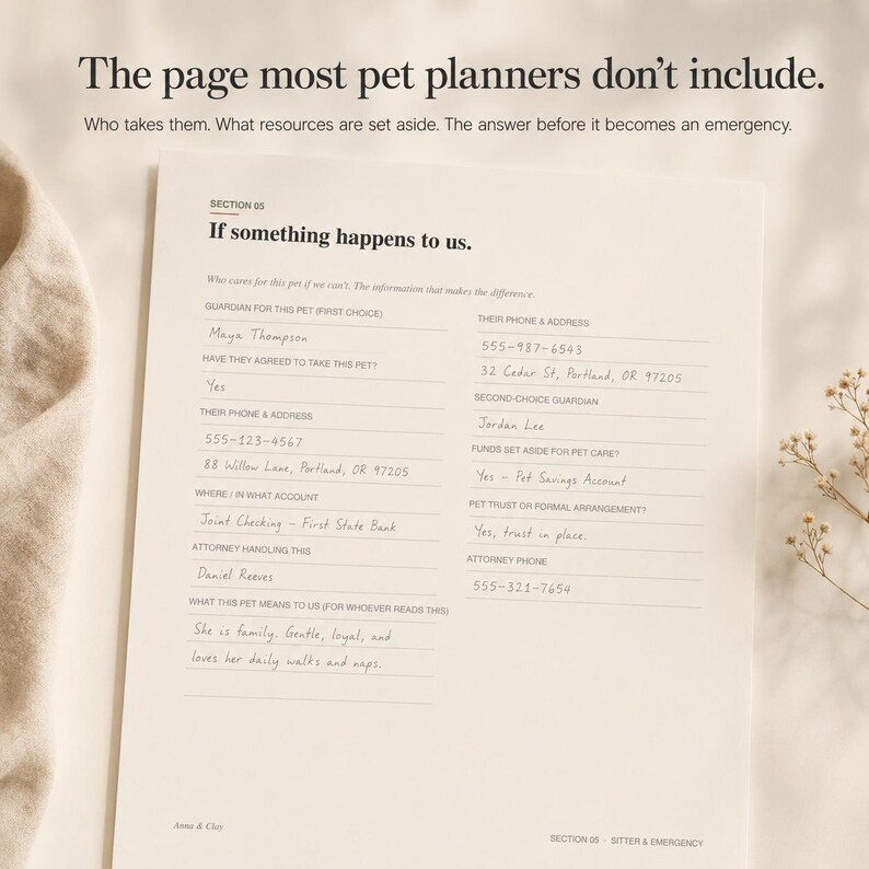 May include: A page from a pet planner titled "If something happens to us." The document includes sections for guardian information, phone numbers, and financial arrangements. Text reads, "She is family. Gentle, loyal, and loves her daily walks and naps."