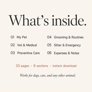 May include: A cream-colored page with the text "What's inside." followed by numbered sections: My Pet, Vet & Medical, Preventive Care, Grooming & Routines, Sitter & Emergency, and Expenses & Notes. The page also states "33 pages &bull; 6 sections &bull; instant download" and "Works for dogs, cats, and any other animal."