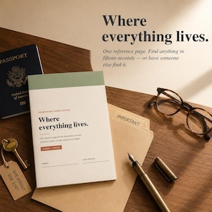 Op de afbeelding: Een bureauscène met een paspoort, notitieboek, bril, pen en sleutel. Het notitieboek leest "Where everything lives." De tekst hierboven zegt "Where everything lives. One reference page. Find anything in fifteen seconds - or have someone else find it."