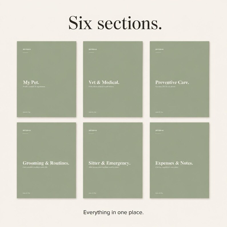 May include: Six sage green notepads with white text, each labeled with a different pet-related category: My Pet, Vet & Medical, Preventive Care, Grooming & Routines, Sitter & Emergency, and Expenses & Notes. The text "Everything in one place" is below the notepads.