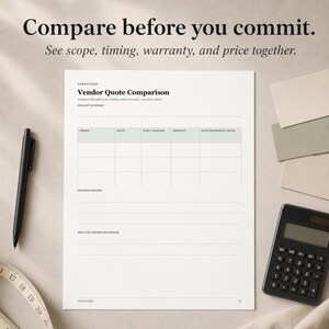 May include: A white paper form titled Vendor Quote Comparison with a table for vendor, quote, timing, warranty, and scope details. The form includes sections for decision factors and selected vendor. A black pen and a black calculator are present.