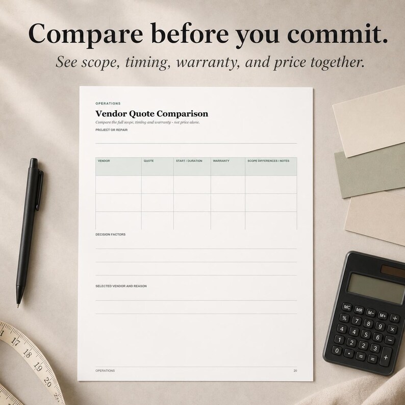 May include: A white paper form titled Vendor Quote Comparison with a table for vendor, quote, timing, warranty, and scope details. The form includes sections for decision factors and selected vendor. A black pen and a black calculator are present.