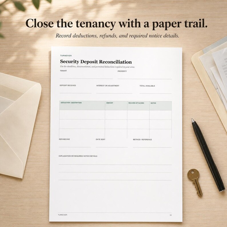 May include: A white Security Deposit Reconciliation form with black text, featuring fields for tenant, property, deposit received, deductions, and refund details. The document includes the header Close the tenancy with a paper trail.