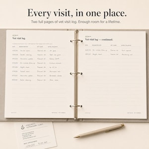 May include: Open notebook with two pages of vet visit logs, with the text "Every visit, in one place." A pen and a Pinecrest Veterinary Clinic business card are on the surface. The notebook is open to a spread of lined pages.