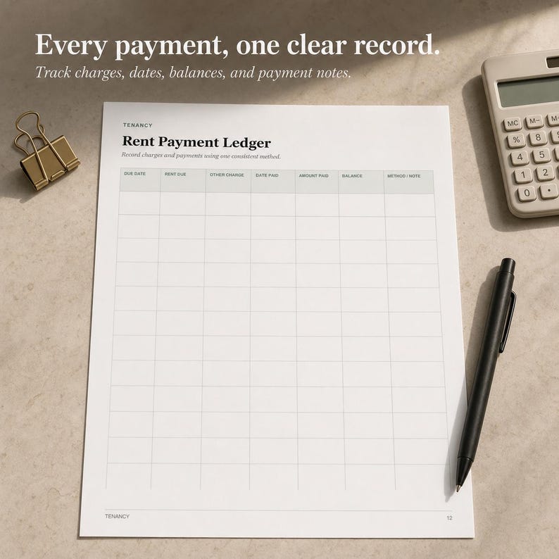 May include: A white Rent Payment Ledger sheet with columns for due date, rent due, other charge, date paid, amount paid, balance, and method/note. Includes a gold binder clip, a black pen, and a calculator. Text reads: Every payment, one clear record.