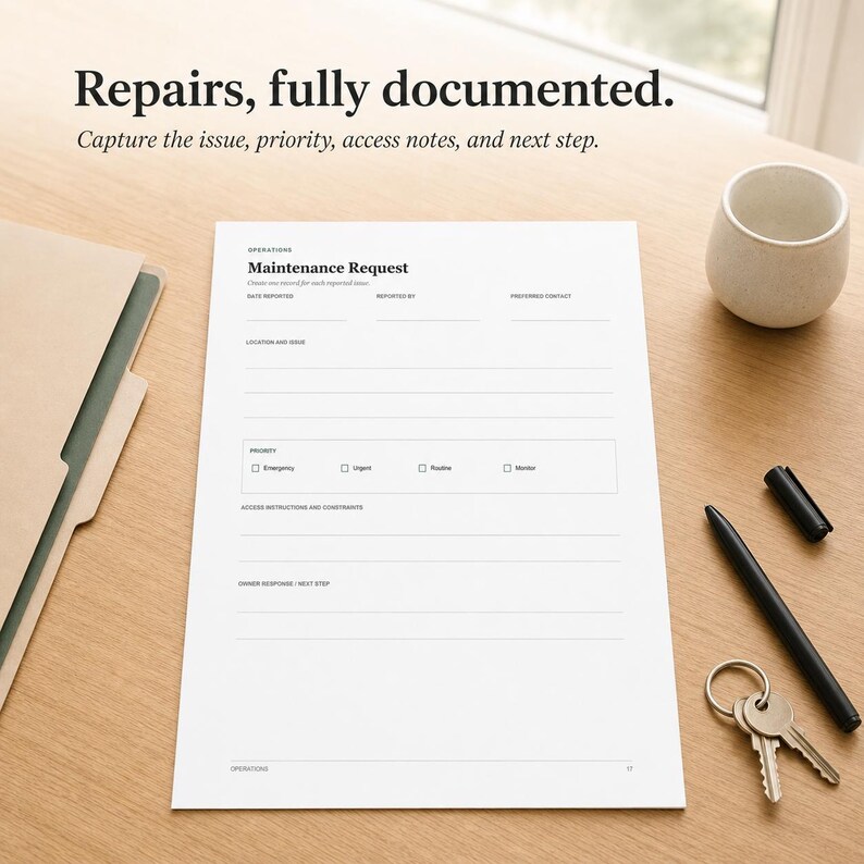 May include: A white maintenance request form with black text, featuring fields for date, reporter, contact, location, issue, priority, access instructions, and next steps. The form is printed on paper with the header Repairs, fully documented.