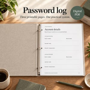 May include: A beige fabric three-ring binder containing white printable pages titled Password log and Account details. The pages feature fields for service, website, username, email, password, and storage location. A digital PDF label is visible.