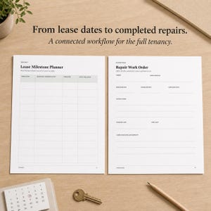 May include: Two white paper forms titled Lease Milestone Planner and Repair Work Order with black text. The header reads From lease dates to completed repairs. A connected workflow for the full tenancy. Includes a calendar and a metal key.