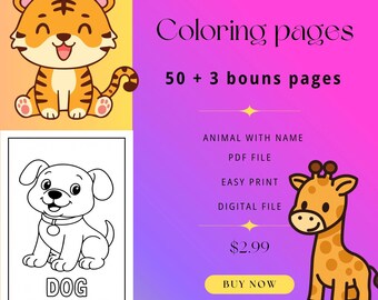 Kids Animal Coloring Book, Easy Toddler Pages, Preschool Printable PDF