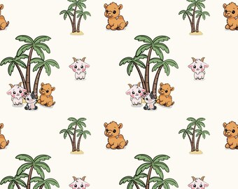Safari Animal Seamless Pattern, Baby Goat Camel Palm Tree Fabric Design (Digital Download)