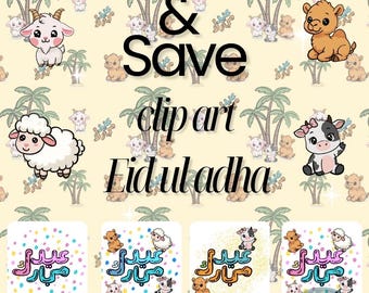 Eid Clipart Bundle PNG, Kawaii Animal Clipart, Eid Mubarak Typography, Seamless Pattern, Clipart, Kids Illustration, Sublimation