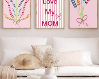 Pink Floral Wall Art Set of 3, Love My Mom Printable Posters, Mother’s Day Gift for Mom, Feminine Bedroom Decor, Boho Pink Gallery Wall