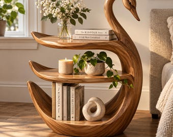 Swan Shaped Wooden Side Table, 3 Tier Bedside Shelf, Sculptural Wood Nightstand, Unique Swan Bookshelf, Living Room Accent Table