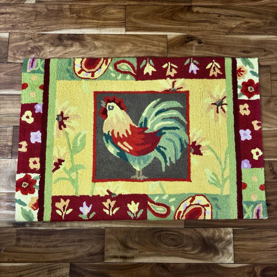 Rooster Design Kitchen Rugs Handmade Hooked Rooster Rug Kitchen Entry Door Mat Centerpiece Farm ...