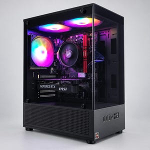 May include: A black desktop computer tower with a transparent glass side panel and front panel. The interior features a central cooling fan, two top-mounted fans, and a graphics card labeled GeForce RTX and MSI, all illuminated by vibrant RGB lighting.