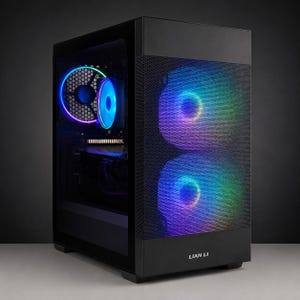 May include: A black Lian Li computer tower case featuring a mesh front panel with two integrated RGB fans displaying a rainbow light effect. The side panel is transparent, revealing an internal fan with a blue and purple circular light ring.