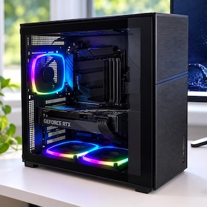 Pode incluir: Uma torre de computador desktop preta com um painel lateral transparente, revelando componentes internos, incluindo uma placa gráfica com a etiqueta GeForce RTX, uma ventoinha traseira e duas ventoinhas inferiores, todas com iluminação RGB multicolorida.