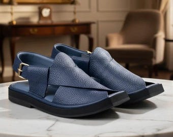 Peshawari Chappal Hombres Sandalia De Cuero Estilo Kaptaan Calzado Tradicional Pakistaní Azul / Blanco