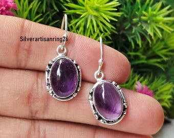 Oval Amethyst Gemstone Earrings, 925 Sterling Silver Handmade Earring, Beaded Border Designer Earring , Dangle Earring For Her