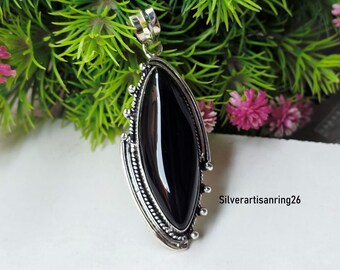 Marquise-Cut Black Onyx Gemstone Pendant , 925 Sterling Silver Handmade Jewelry , Gift For Christmas