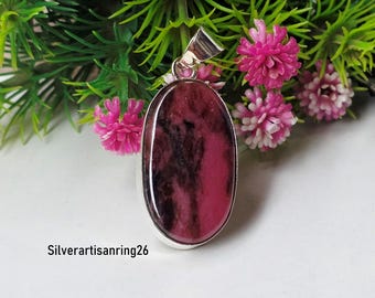 Rhodonite Oval-Shaped Pink Gemstone Pendant , Handmade Pendant ,925 Sterling Silver Jewelry , Gift For Her