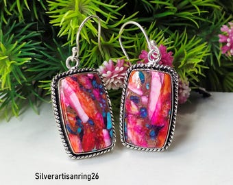 Pink Oyster Turquoise Gemstone Earrings, 925 Sterling Silver Handmade Earrings, Statement Jewelry , Gift For Her