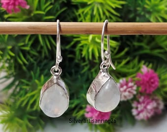 Handmade Pear- Cut Moonstone Earring , Dongle Earring , Minimalist Earring , 925 Sterling Silver , Gift For New Year