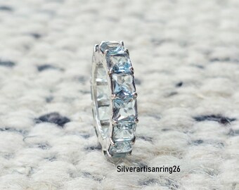 Anello eternity fatto a mano con acquamarina, in argento sterling 925, design esclusivo.