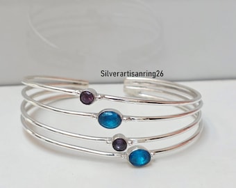 Multi-Band Design Bangle Blue Topaz & Amethyst Bangle , 925 Sterling Silver Handmade Bangel , Statement Bangle