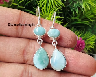 Larimar Gemstone Earrings, 925 Sterling Silver Handmade Jewelry , Gift For Her