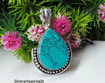 Pear-Cut Turquoise Gemstone Pendant , Stylish Jewelry , 925 Sterling Silver Handmade Jewelry , Gift For Christmas