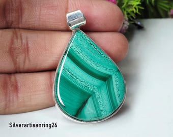 Pear-Cut Malachite Gemstone Pendant , 925 Sterling Silver Handmade Jewelry , Boho Jewelry , Gift For Valentine