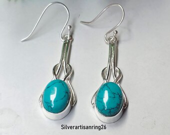 Oval-Cut Turquoise Gemstone Earring , 925 Sterling Silver , Handmade Earring, Dangle Earring , Gift For Her