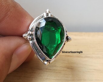 Chrome Diopside Sterling Silver Ring, White Sapphire Halo, Size 6.5