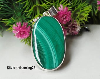 Oval-Cut Malachite Gemstone Pendant ,Stylish Dainty Pendant , 925 Sterling Silver Handmade Pendant , Gift For Christmas